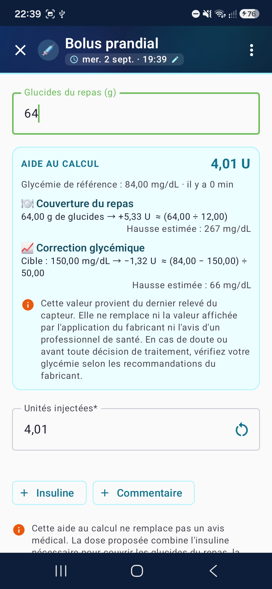 Mydiata, aide au calcul : vos réglages appliqués à ce que vous saisissez.