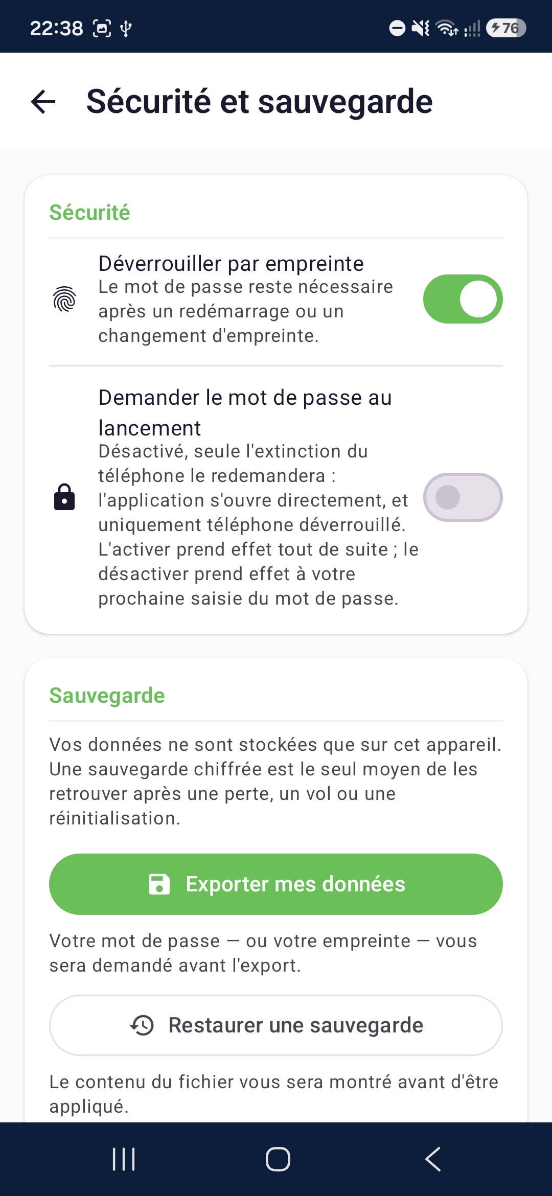 Mydiata, sécurité : verrou local, export chiffré, effacement sélectif.
